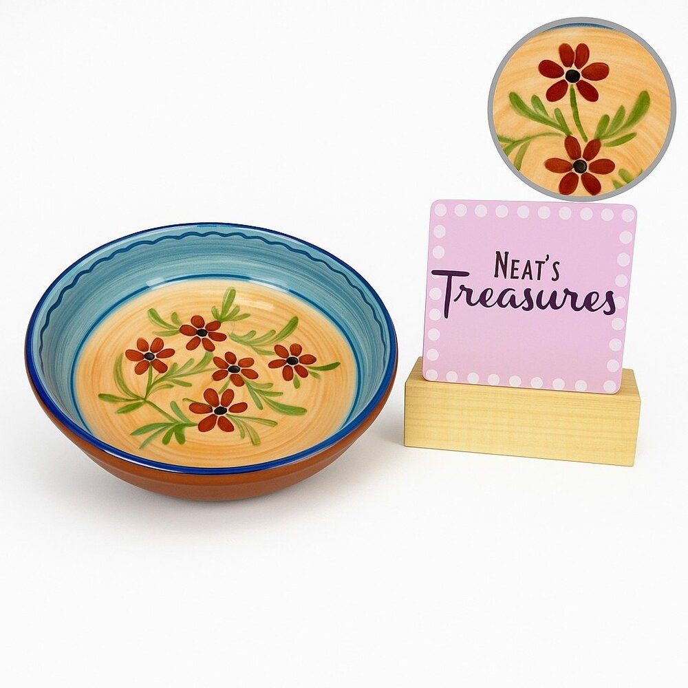 Hausenware Retired Red Floral Blue Trim Ceramic Serving 9" Round Serving Bowl